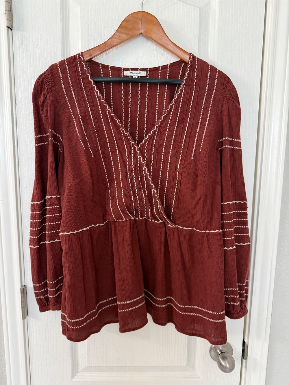 Madewell Rust Brown Peasant Tunic with Cream Stitching